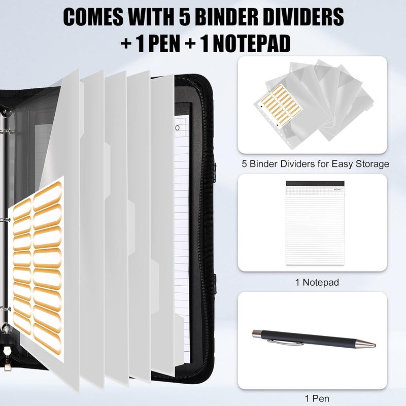 NATISERAUM Portfolio Binder 3 Ring Includes Pen and 5 Dividers with 10 Pockets, Padfolio Organizer with Zipper for Men and Women, Includes A4 Notepad for Business, School, Work - Image 3